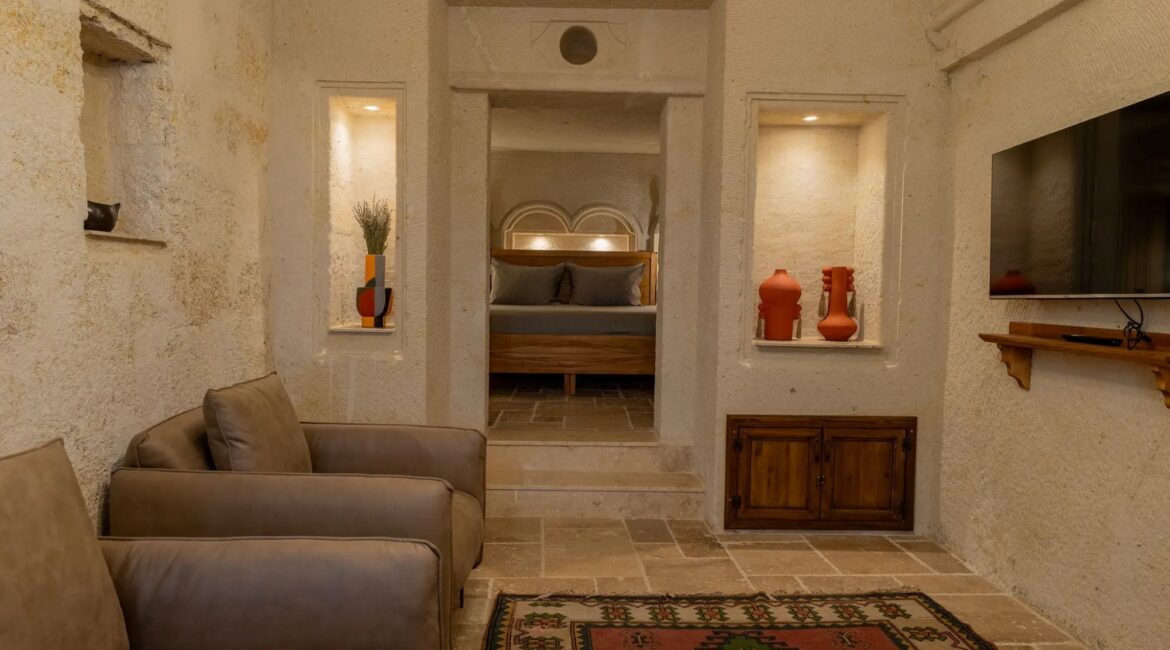 Spacious Deluxe Suite lounge area at Asmali Konak Cave Suites, Urgup, Cappadocia
