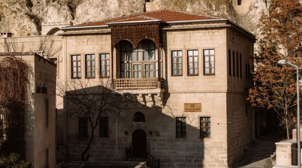 Historic mansion exterior at Asmali Konak Cave Suites, cave hotel in Urgup, Cappadocia