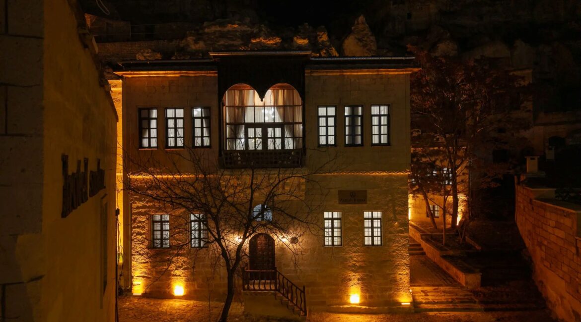 Historic stone mansion exterior at Asmali Konak Cave Suites in Urgup, Cappadocia