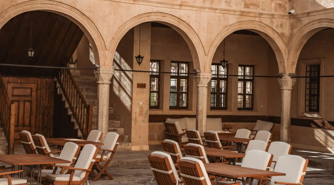 Traditional courtyard at Asmali Konak Cave Suites in Urgup, Cappadocia