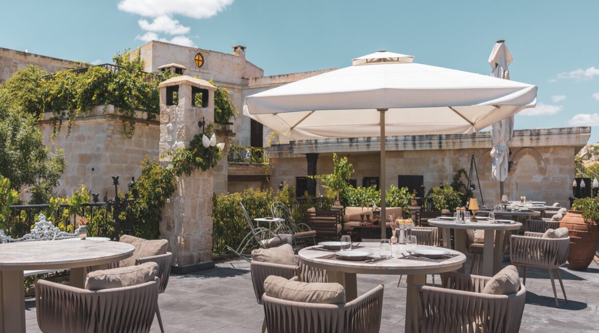 Outdoor terrace dining area at Sacred House Cappadocia in Urgup