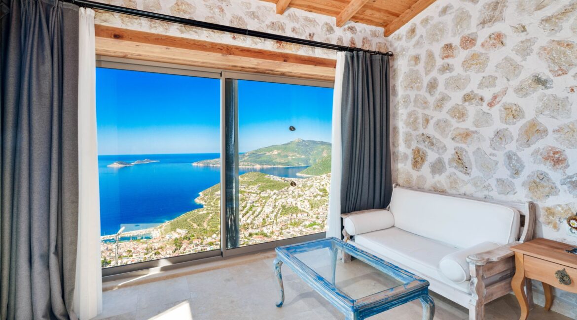 Bedroom with panoramic sea views at Villa Sedir Ev, Kalkan