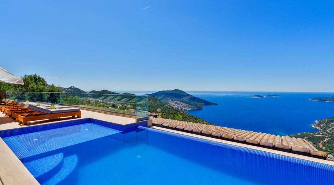 Private swimming pool with views over Kalkan Bay at Villa Sedir Ev
