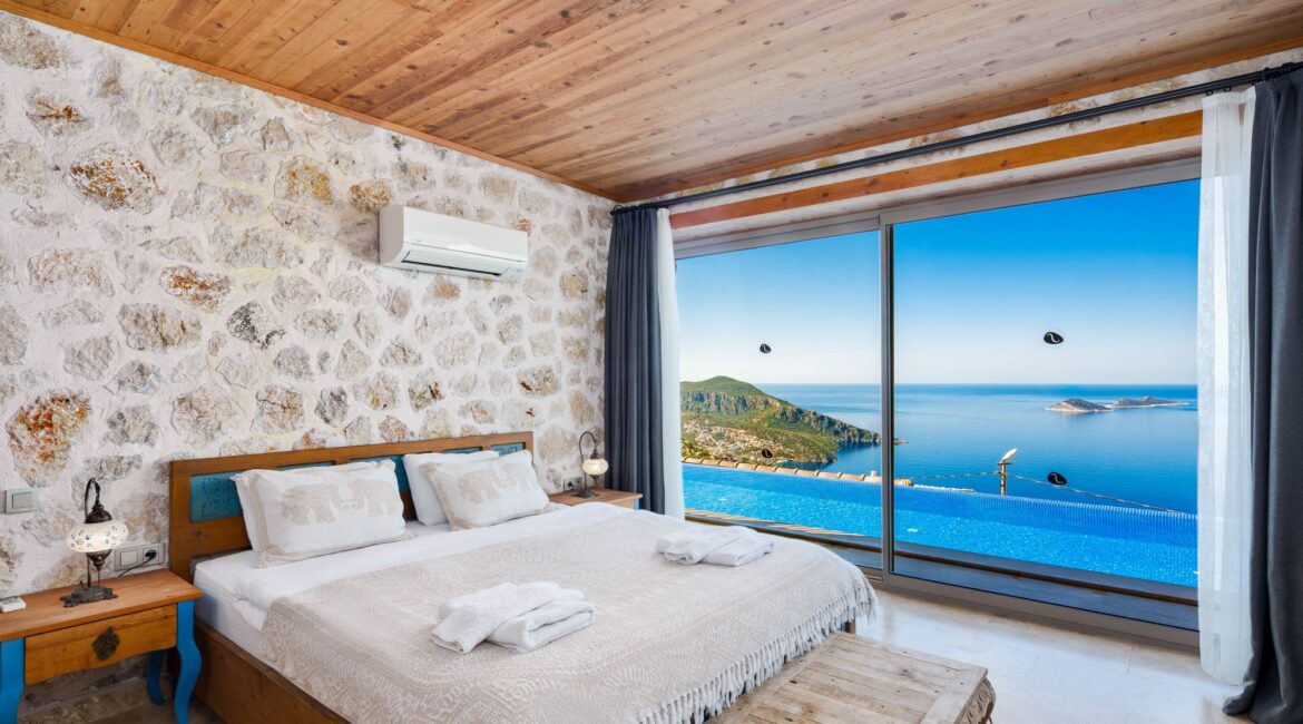 Double bedroom at Villa Sedir Ev, Kalkan with panoramic sea views
