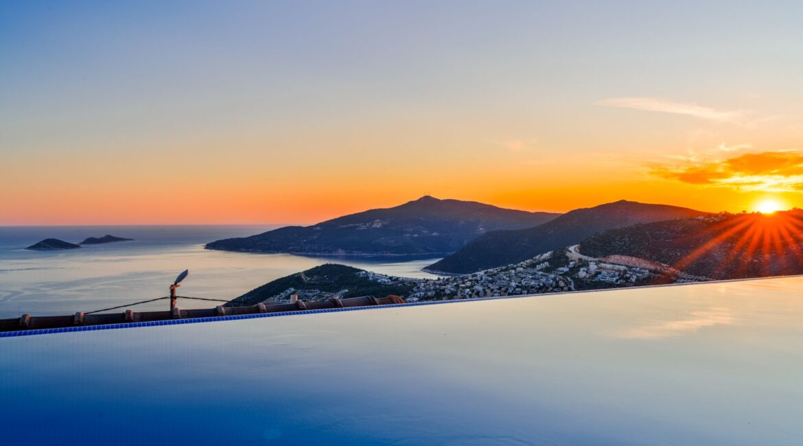 Infinity pool at sunset overlooking Kalkan Bay at Villa Sedir Ev