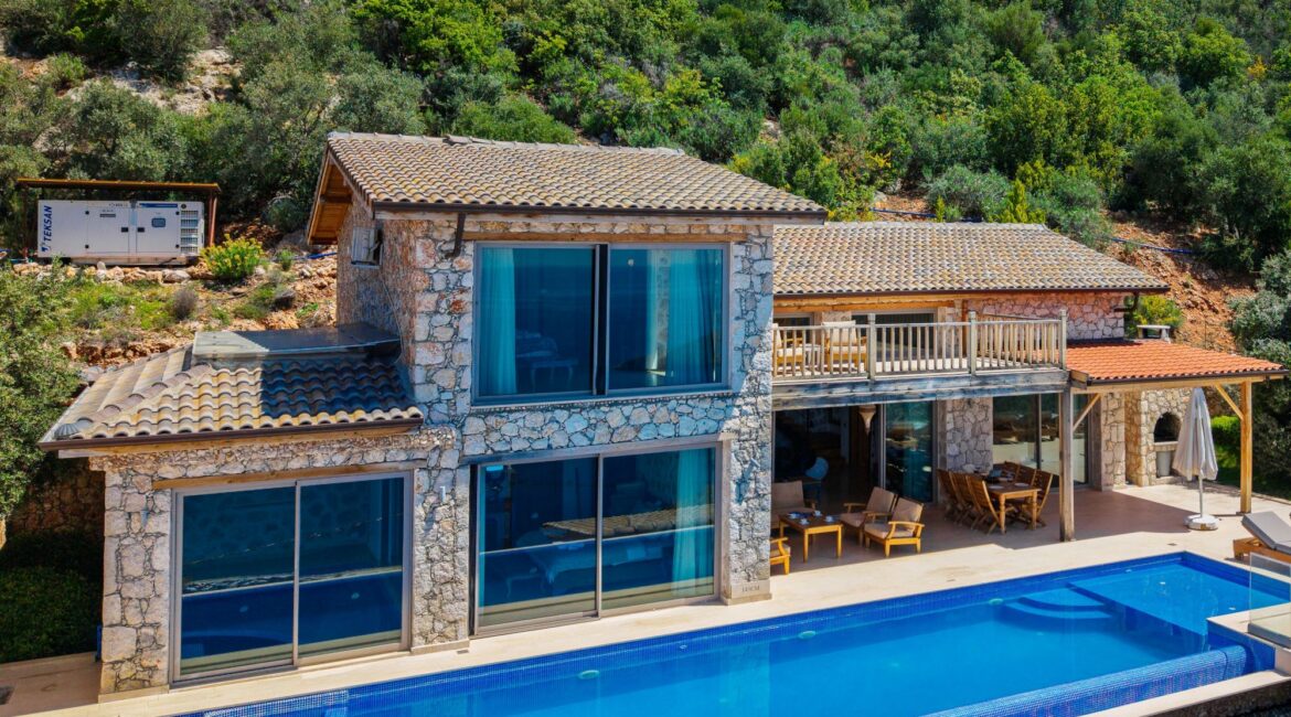 Aerial view of Villa Sedir Ev overlooking Kalkan Bay