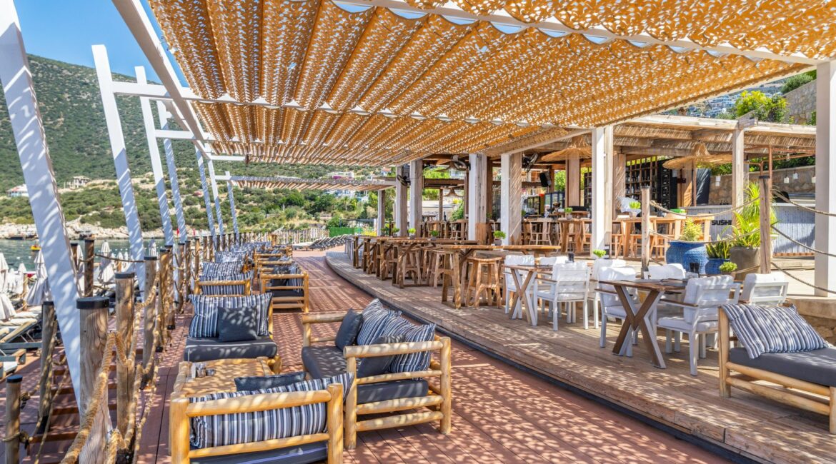 Open-air beach club restaurant with sea views in Kalkan