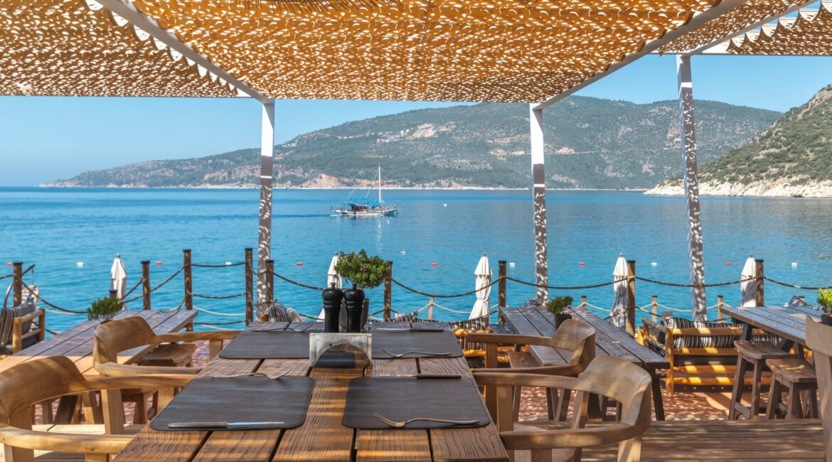Beach club restaurant terrace at the Lures Hotel, Kalkan