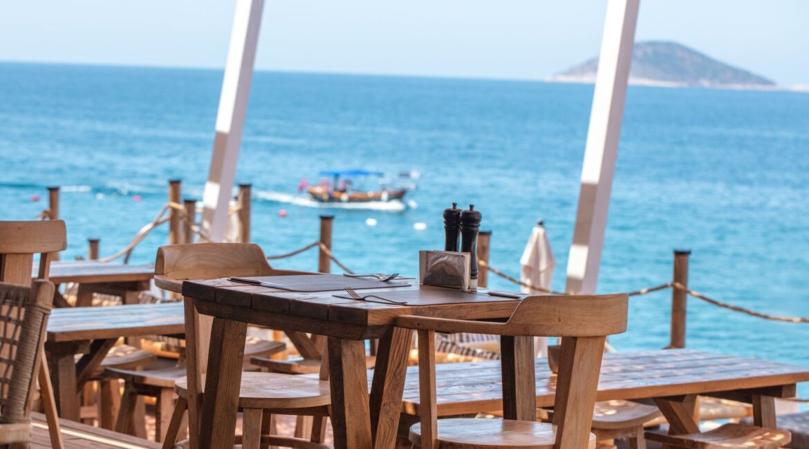 Waterfront dining at the Lures Beach Club overlooking the Mediterranean