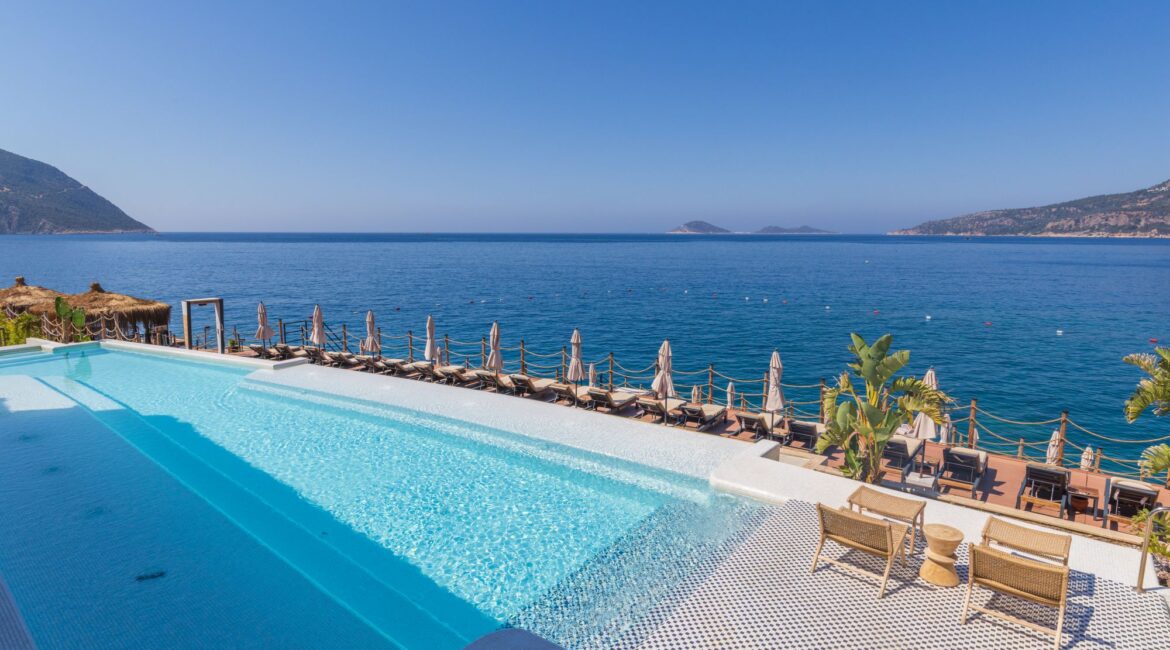 Infinity pool with panoramic sea views at the Lures Hotel, Kalkan