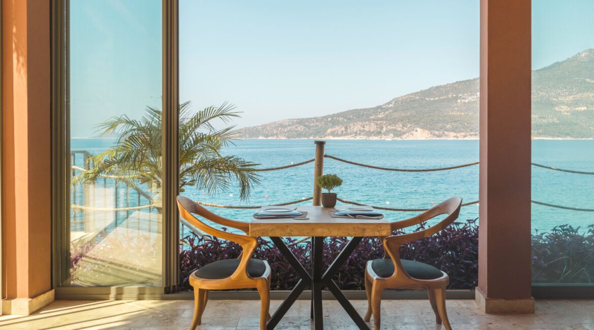 Sea-view table at the Lures Hotel overlooking Kalamar Bay in Kalkan