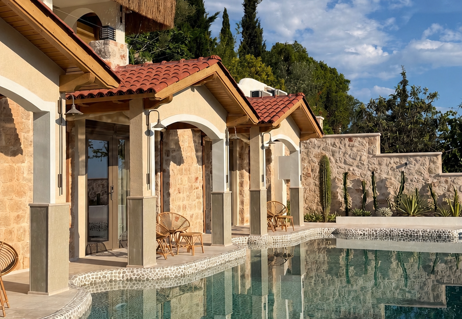 Swim-Up Rooms at Casa Pery Kalkan overlooking the pebble-finished swimming pool, Rooms 11, 12 and13.