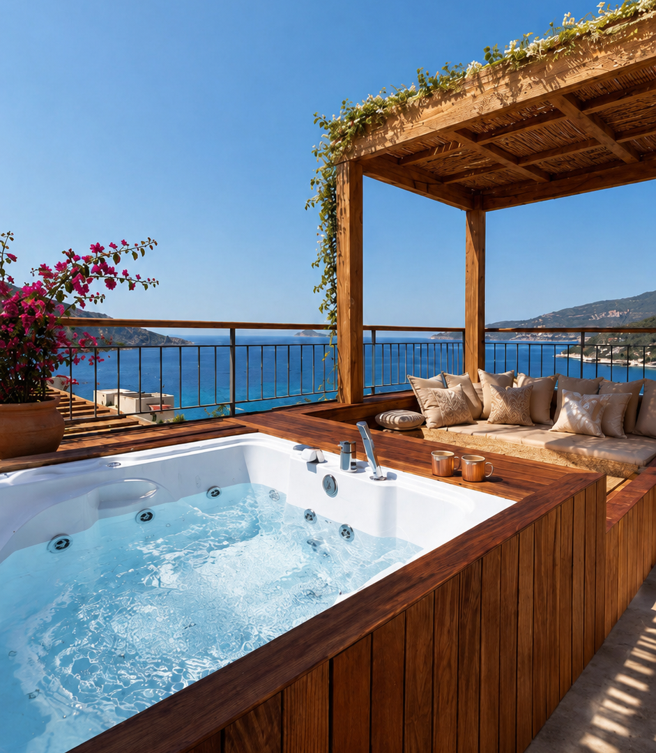 Premium Room terrace at Casa Pery Kalkan with outdoor soaking tub and panoramic sea views.