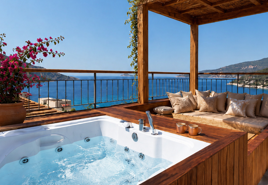 Premium Room terrace at Casa Pery Kalkan with outdoor soaking tub and panoramic sea views.