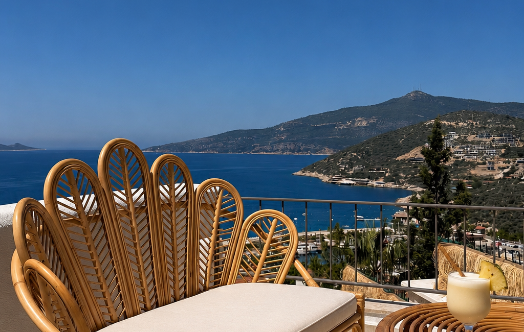 Panoramic sea-view terrace at Casa Pery Kalkan overlooking Kalkan Bay and the Mediterranean.