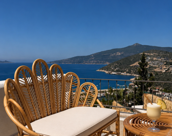 Panoramic sea-view terrace at Casa Pery Kalkan overlooking Kalkan Bay and the Mediterranean.