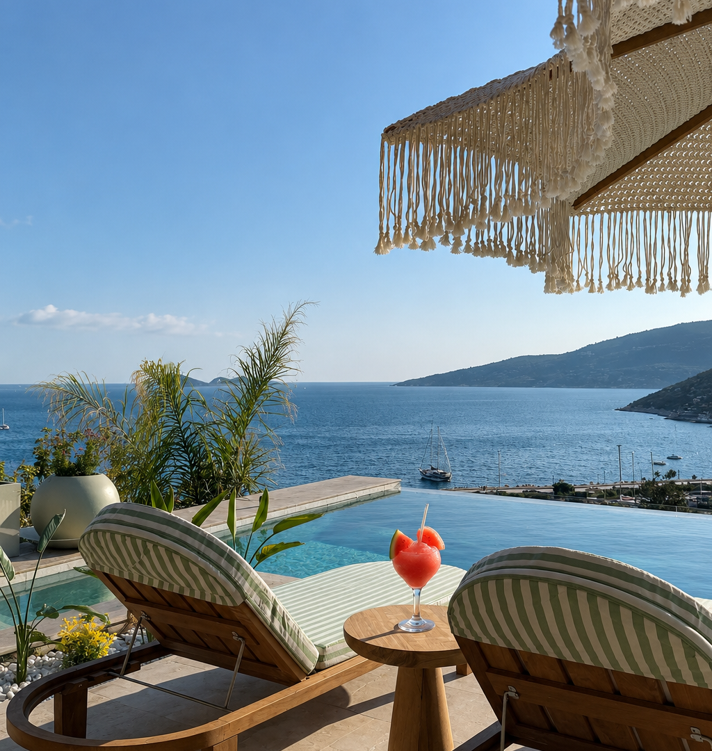 Outdoor seating terrace at Casa Pery Kalkan with panoramic views across Kalkan Bay.