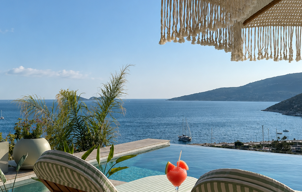 Outdoor seating terrace at Casa Pery Kalkan with panoramic views across Kalkan Bay.