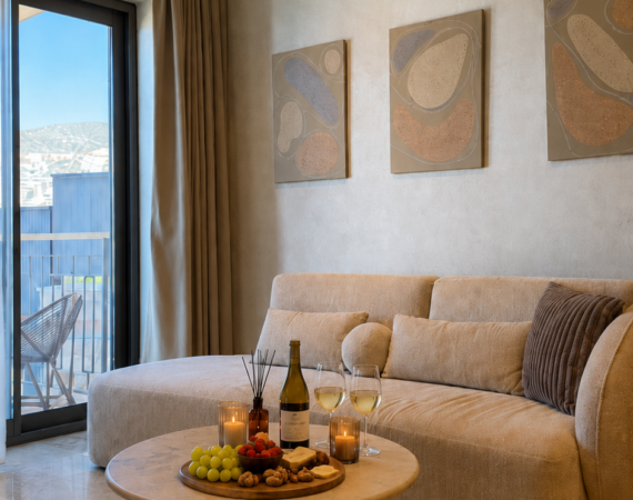 Junior Suite sitting area at Casa Pery Kalkan with contemporary boutique furnishings and calming interiors.