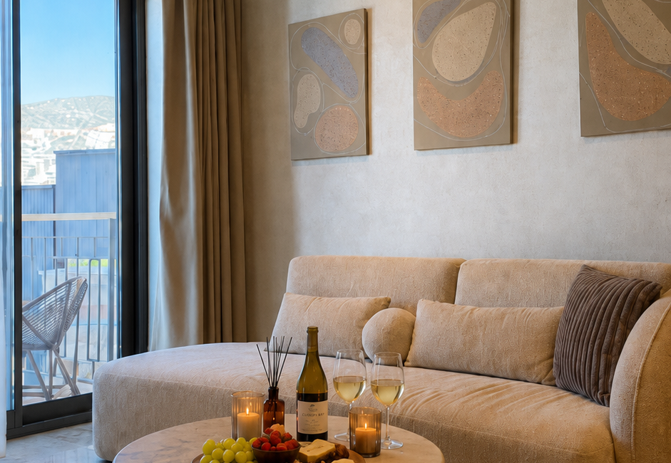 Junior Suite sitting area at Casa Pery Kalkan with contemporary boutique furnishings and calming interiors.