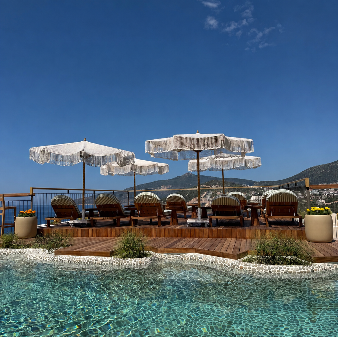 Panoramic sea-view terrace at Casa Pery Kalkan overlooking Kalkan Bay and the Mediterranean