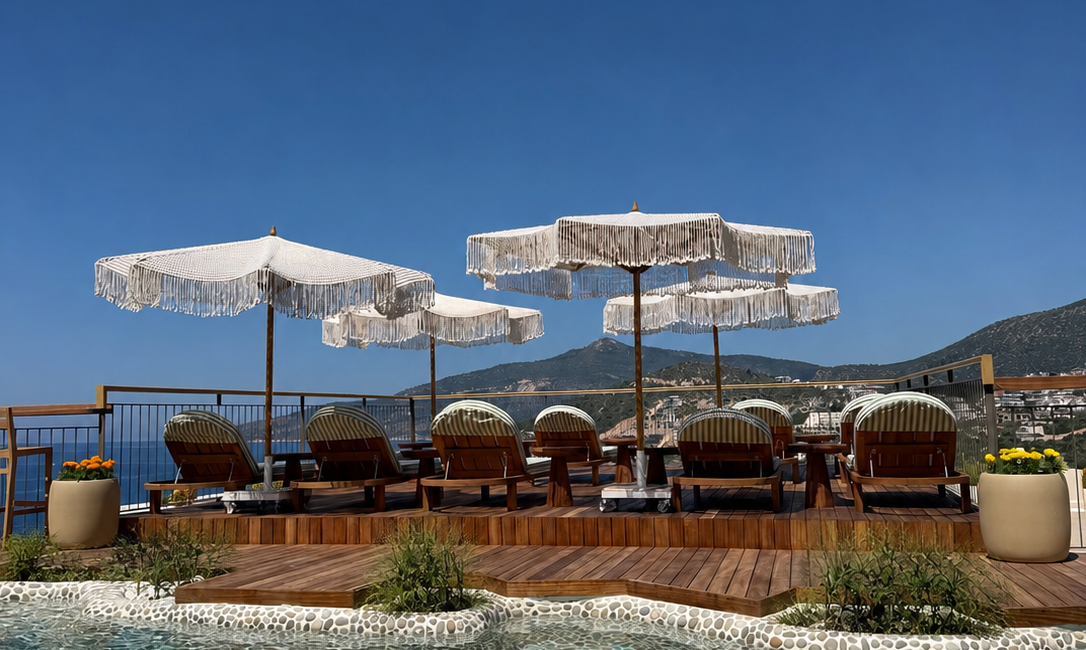 Panoramic sea-view terrace at Casa Pery Kalkan overlooking Kalkan Bay and the Mediterranean
