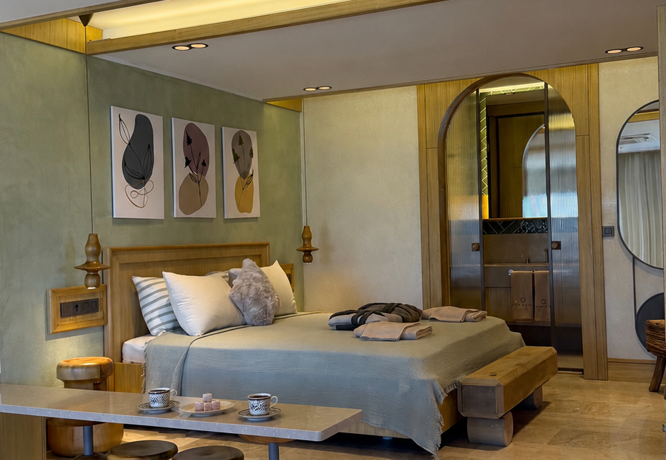 Junior Suite at Casa Pery Kalkan featuring a split-level bedroom, contemporary boutique interiors and handcrafted Mediterranean styling.