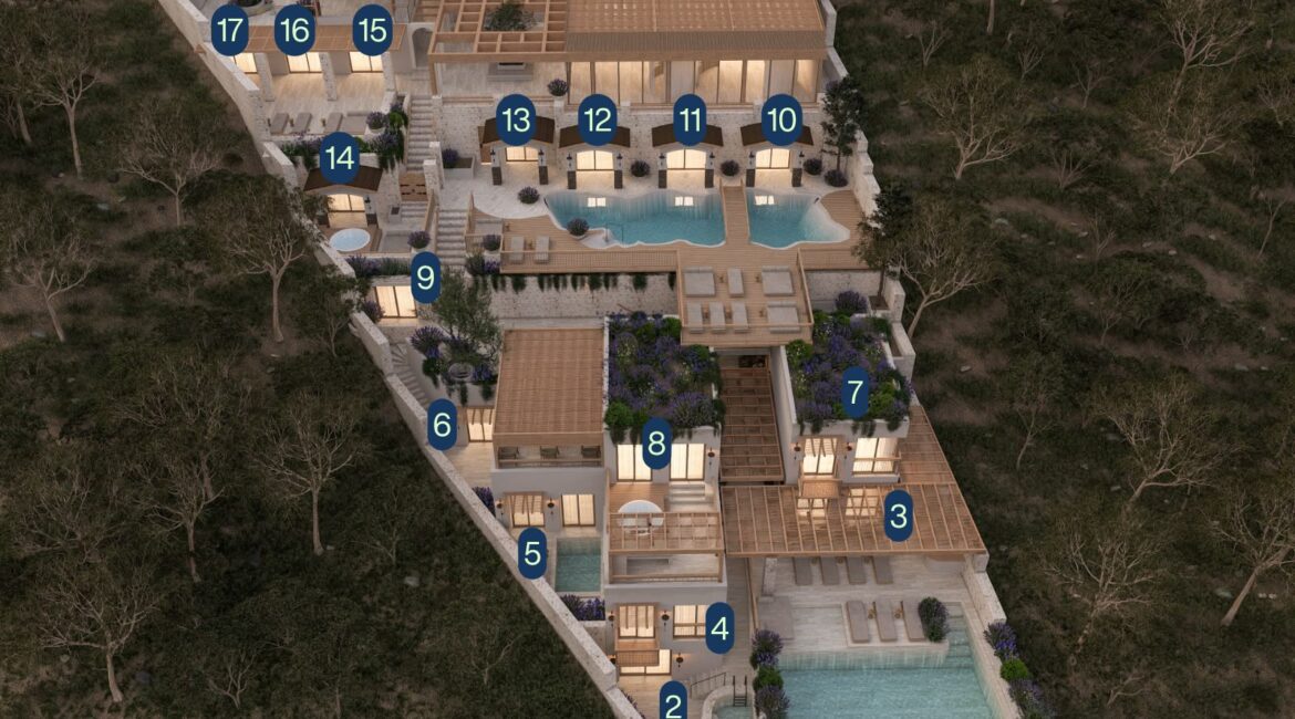 Casa Pery Kalkan room location map showing the hotel's 17 individually designed rooms, swimming pools and tiered hillside setting overlooking Kalkan Bay.