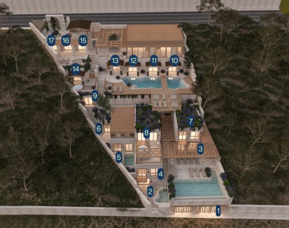 Casa Pery Kalkan room location map showing the hotel's 17 individually designed rooms, swimming pools and tiered hillside setting overlooking Kalkan Bay.