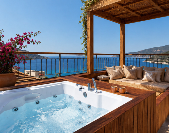 Outdoor soaking tub on the private terrace of Premium Room 8 Perivana at Casa Pery Kalkan with panoramic sea views.