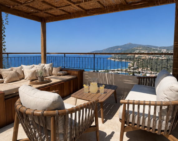 Furnished private terrace of Premium Room 8 Perivana at Casa Pery Kalkan overlooking Kalkan Bay.