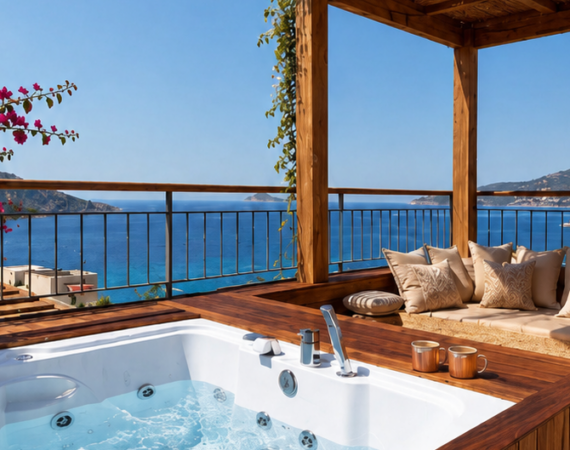Premium Jacuzzi Room at Casa Pery Kalkan with panoramic Mediterranean sea views