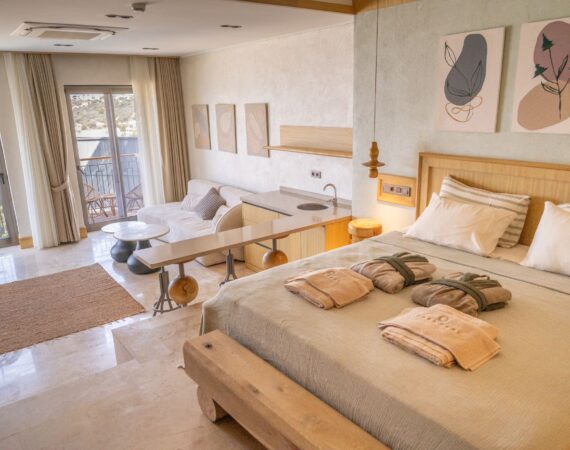 Suite Livia (Room 4) at Casa Pery in Kalkan featuring a split-level bedroom, handcrafted furnishings and contemporary Mediterranean interiors.