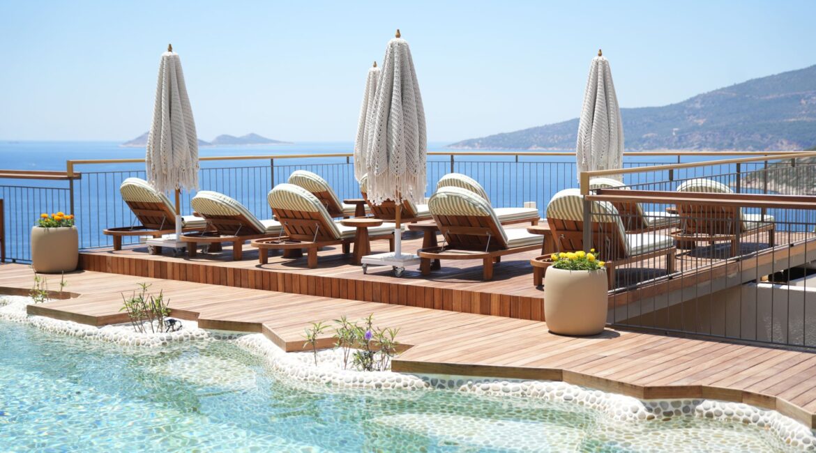 Main swimming pool at Casa Pery in Kalkan with panoramic views across the Mediterranean Sea.