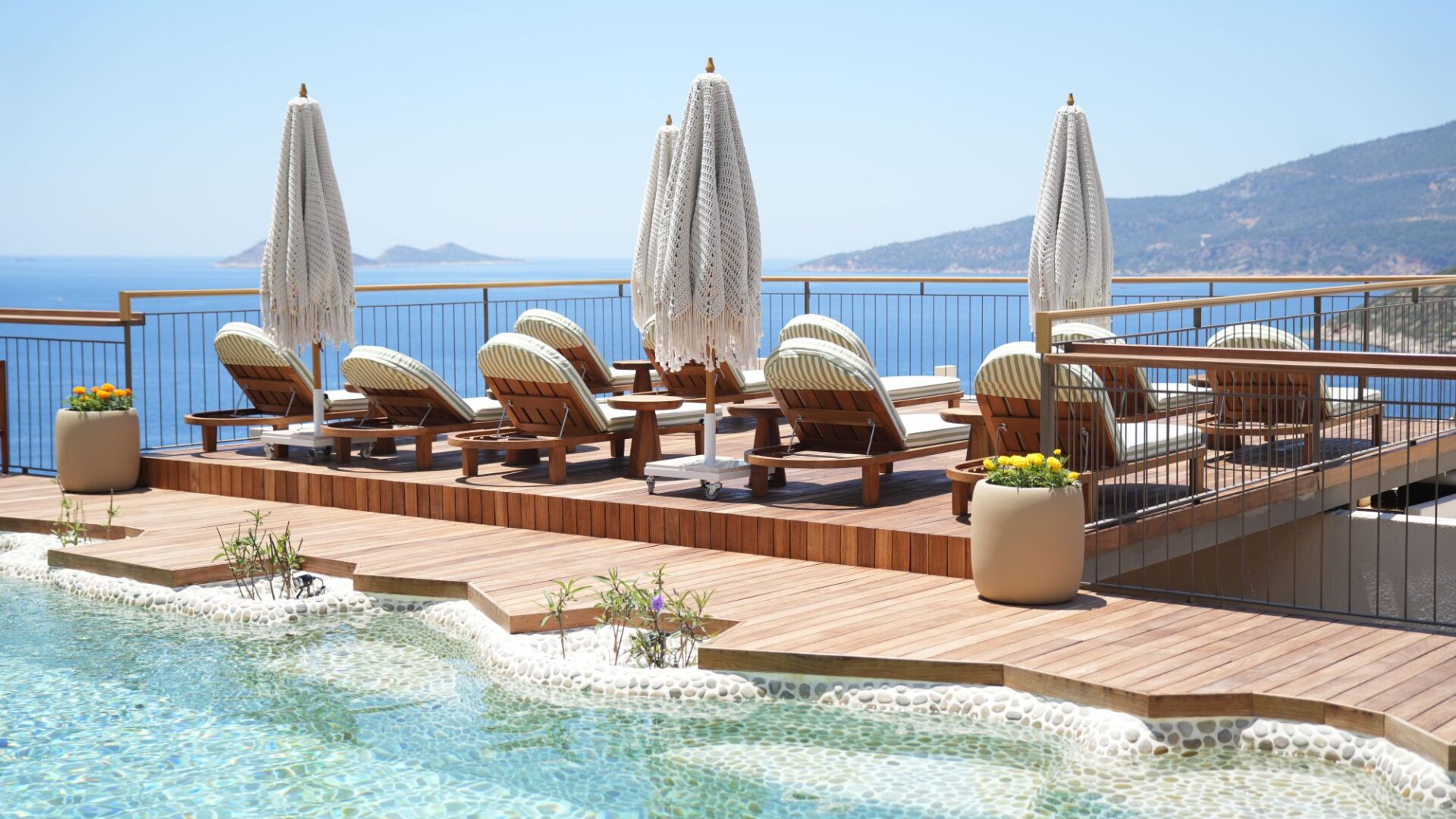 Main swimming pool at Casa Pery in Kalkan with panoramic views across the Mediterranean Sea.