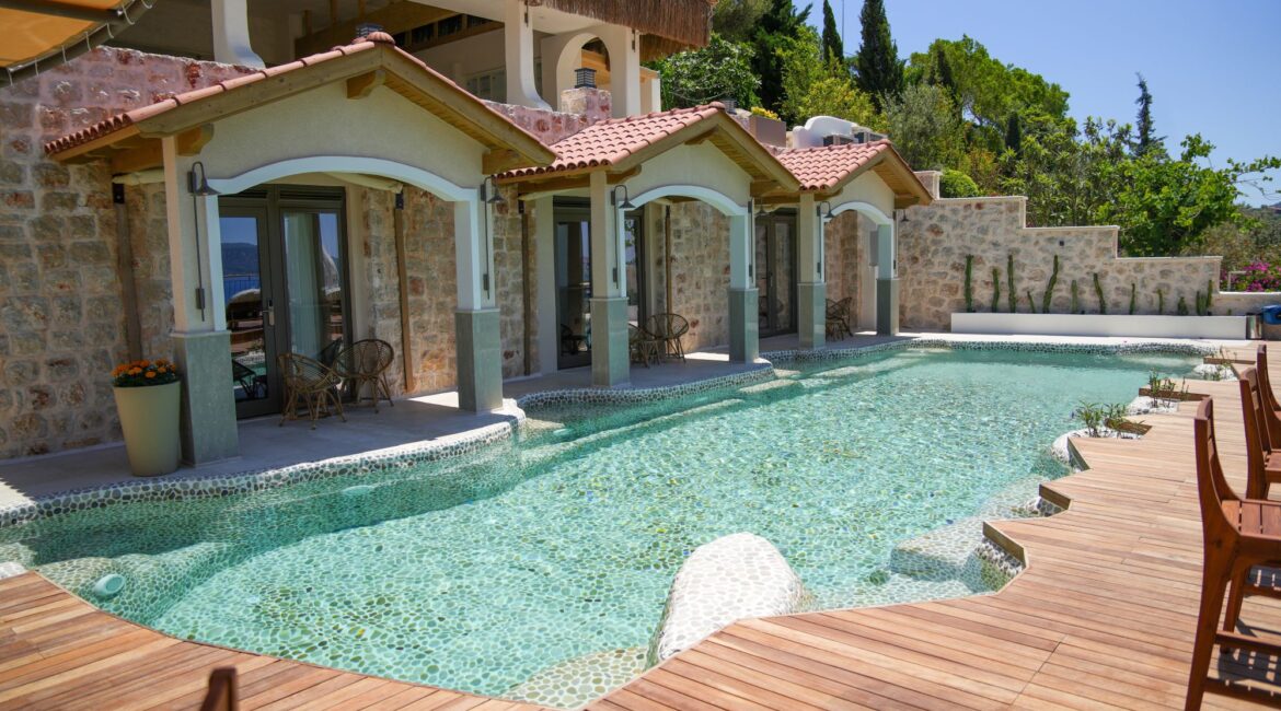 Pebble pool and swim-up room terraces at Casa Pery in Kalkan.