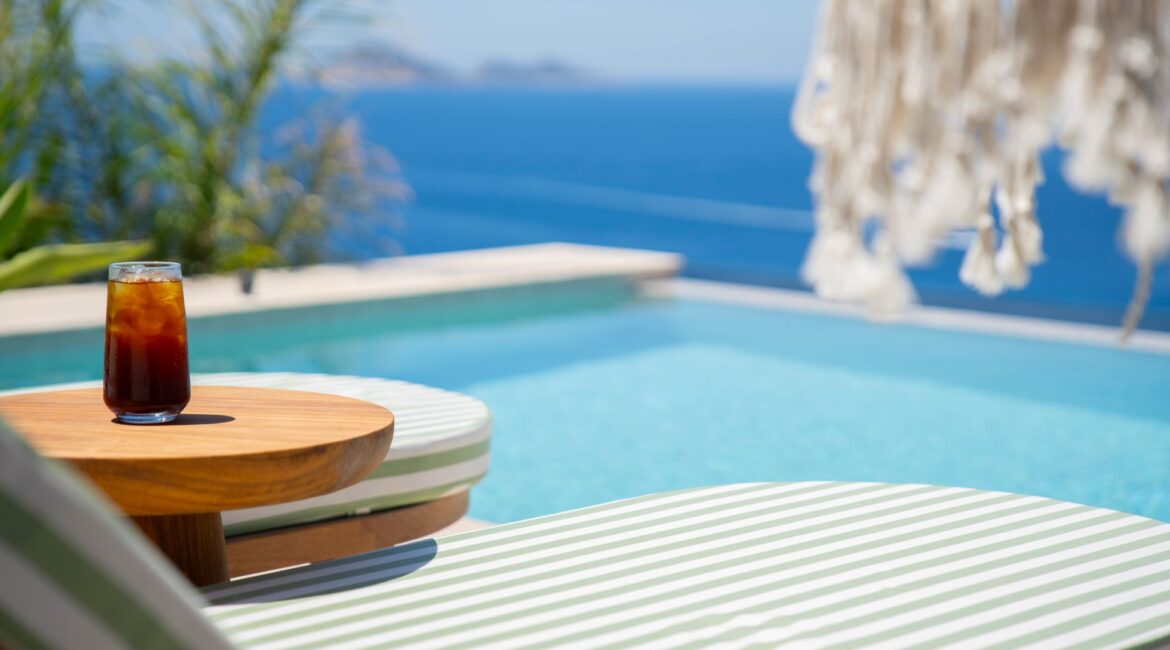 Refreshments beside the infinity pool at Casa Pery in Kalkan overlooking the Mediterranean.