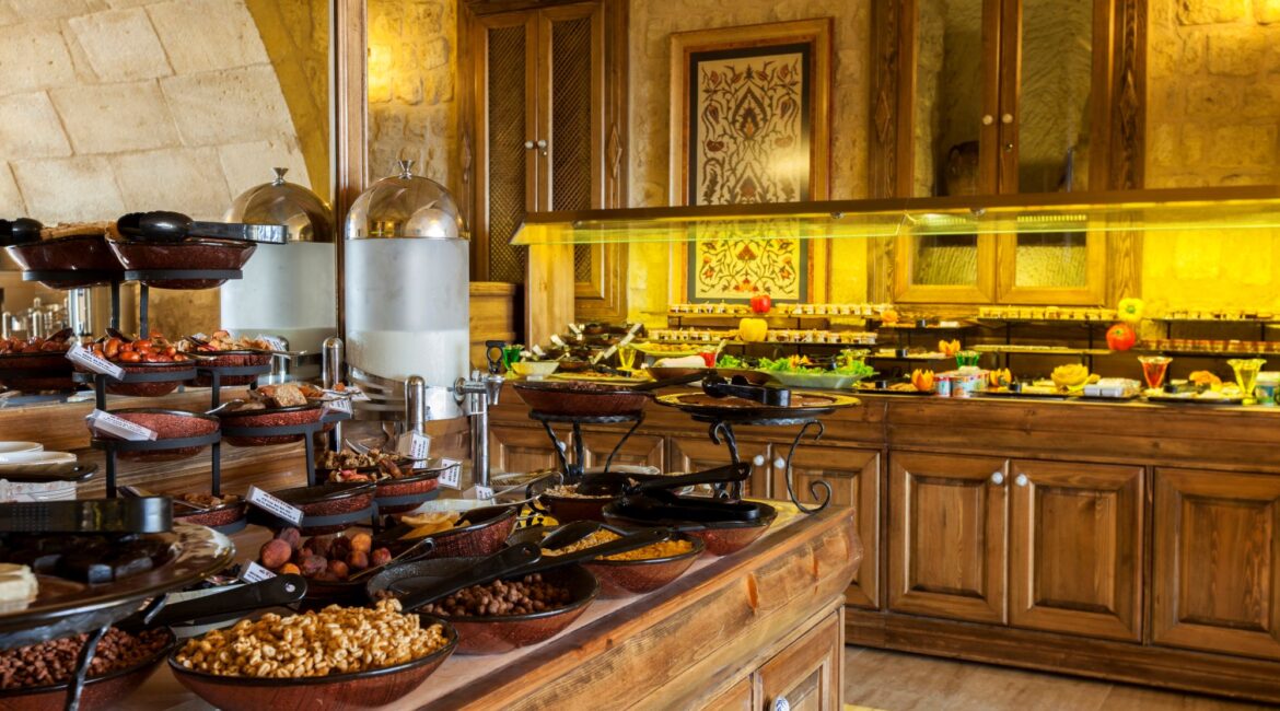 Traditional breakfast buffet served at Kayakapı Premium Caves, Cappadocia