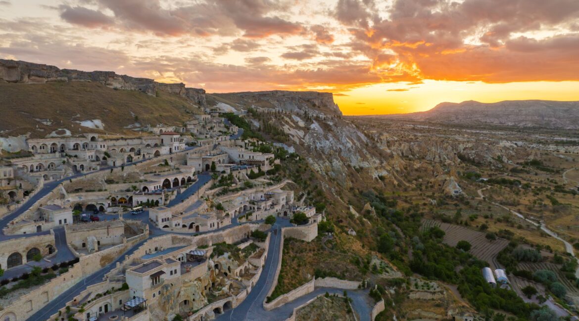Sunset across the valleys surrounding Kayakapı Premium Caves in Cappadocia