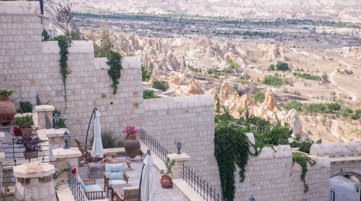 View across the restored historic district surrounding Kayakapı Premium Caves in Cappadocia