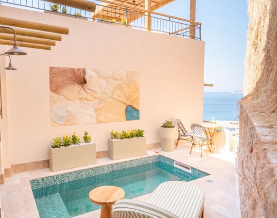 Plunge pool and sun terrace at Pool Room 5 Begonia at Casa Pery Hotel in Kalkan.