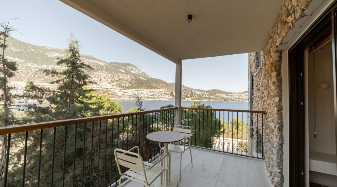 Sea-view balcony from a Comfort Suite at Likya Gardens overlooking Kalkan Bay.