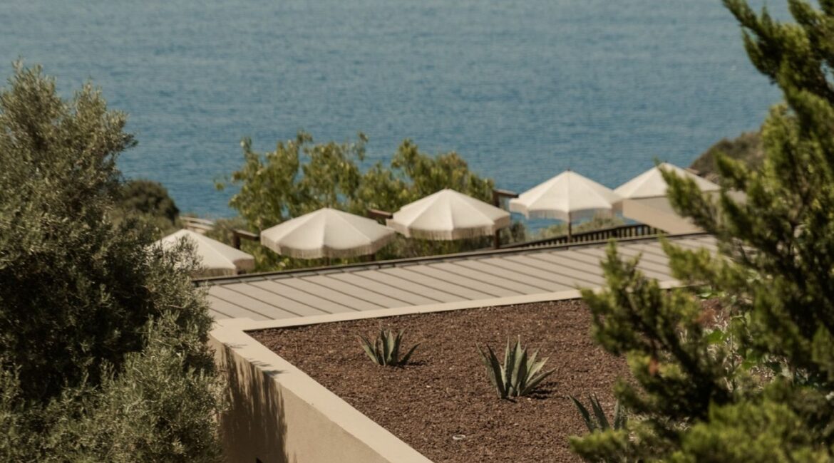 Rooftop view across Asfiya Sea View boutique hotel towards the Mediterranean in Kalkan.