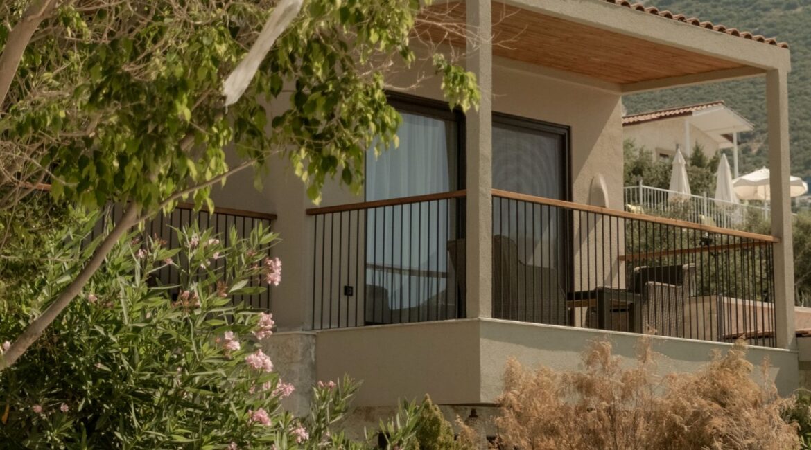 Private terrace with Mediterranean sea views at Asfiya Sea View boutique hotel in Kalkan.