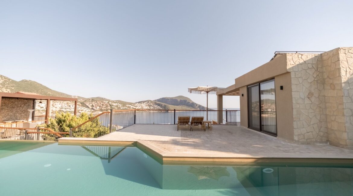 Private pool at Signature Pool Room 704 with uninterrupted views across Kalkan Bay at Asfiya Sea View