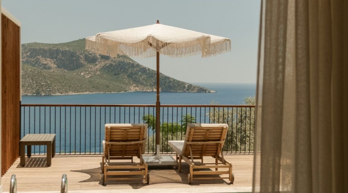 Private pool terrace outside a Premium Pool Room at Asfiya Sea View overlooking Kalkan Bay on Turkey's Mediterr