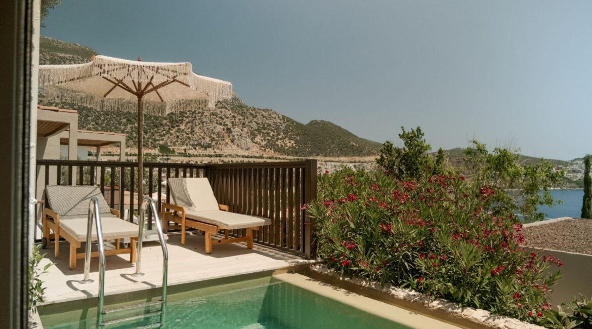 Private pool terrace with panoramic views across Kalkan Bay at Asfiya Sea View boutique hotel.