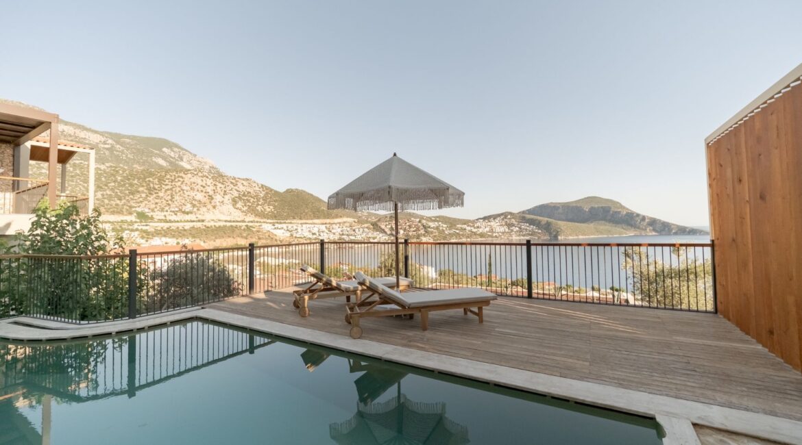 Private swimming pool outside a Premium Pool Room overlooking Kalkan Bay at Asfiya Sea View