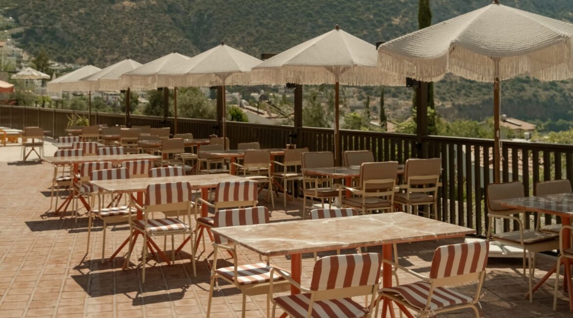 Al fresco restaurant terrace with panoramic Mediterranean views at Asfiya Sea View boutique hotel in Kalkan.
