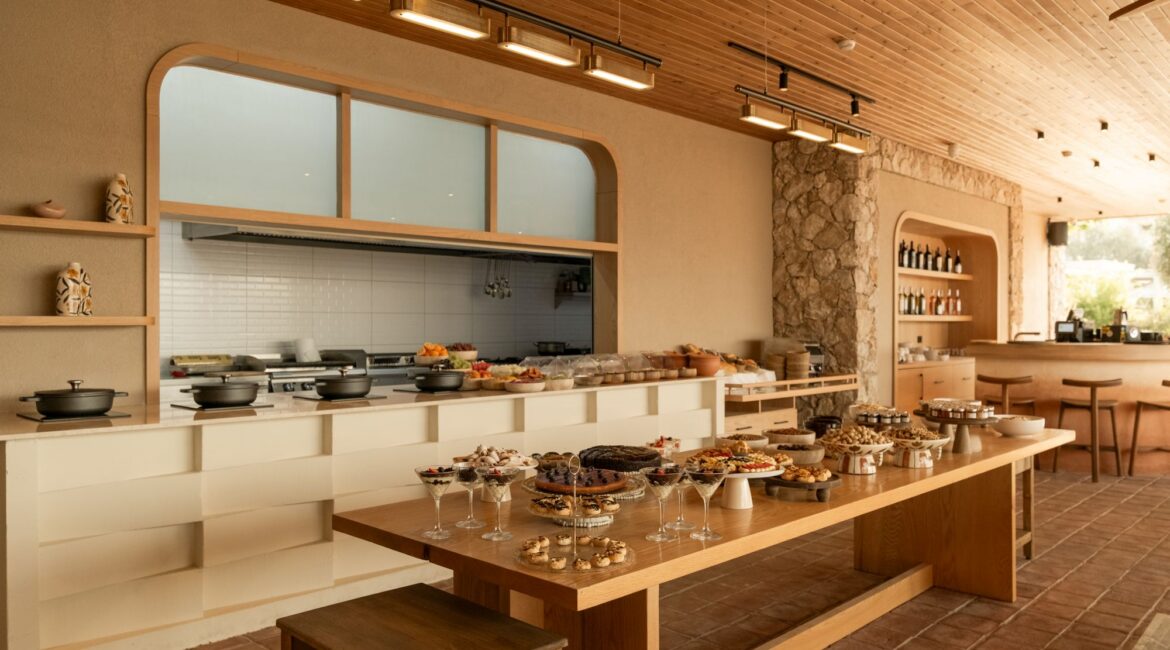 Breakfast buffet and open kitchen at Asfiya Sea View Hotel in Kalkan